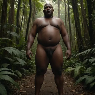 55 year old fat black man with bald head, really dark skin, legs wide apart with a full view of his big hairy ass in a jungle