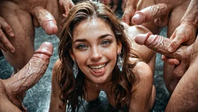 girl with long crystal hair, Stands on all fours, in the mouth of the guy's dicks, sucks the guy's dicks, satisfied, happy