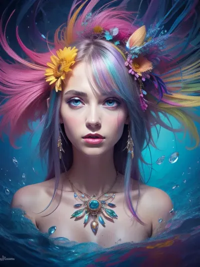 a portrait, abstract style cute, smoke, in the water, colorful and vibrant, mystical colors, contemporary, impressionism, iridescent perspective view, worm's-eye view, sweeping circling composition, large beautiful crystal eyes, big irises, a topless slender pretty woman with a very pretty coquettish face, non-representational, colors and shapes, expression of feelings, imaginative, #©KITTYART





































#©KITTYART