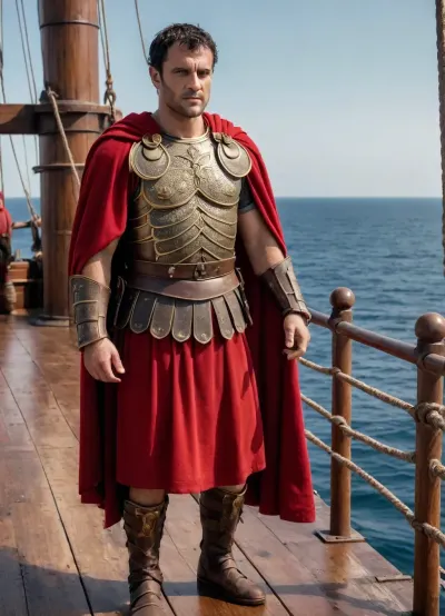 The Roman Empire, a 35-year-old Roman centurion in Roman armor, shoulder pads, handcuffs, tunic, with fockers on his chest, wearing a scarlet cloak, stands on the deck of a trireme, a wooden ship, with the sea and sky in the background, high image quality, fine detail