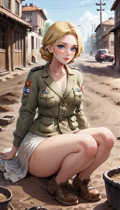 dirt road of a Russian village, A blonde 50-year-old woman is sitting inside an old Soviet combine
