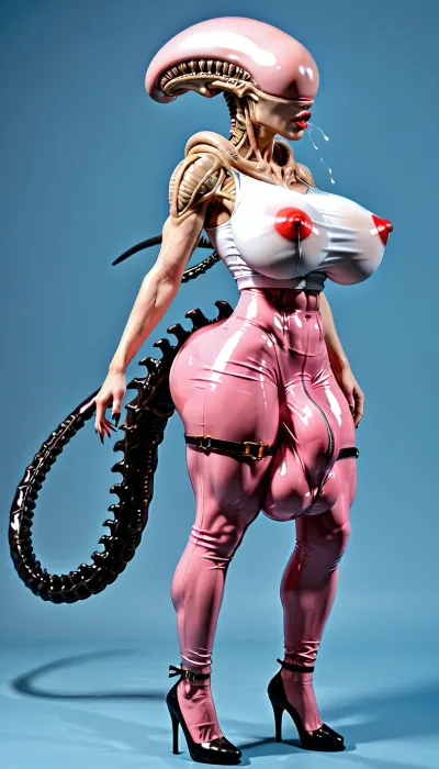 1 person only, (white Xeno, xenomorph), latex, full body view, eye contact, pink latex body mesh, 90% pink translucent body mesh, big breasts, (pants bulge, bulge, massive penis bulge, massive testicles bulge, popping through, massive bulge), ((huge erect penis bulge in her latex body mesh, penis bulge)), muscular quads, muscular calfs, veiny boobs, legs spread, bubble butt, (fingering a femboy yiff), red nipples, black hands, black high heels, black see-through thigh high sock, butt lift, putt plug, veiny body, crouched, orgasm face, dribbling semen, gold sholder pads, thigh straps, semen bulge, pale blue background, semen everywhere, <lora:bulgev1-beta:2>, female, white xenomorph, tail, xenowaifu, xenofuta, xenofemboy, <lora:female_xenomorph_sdxl_V2:.8>