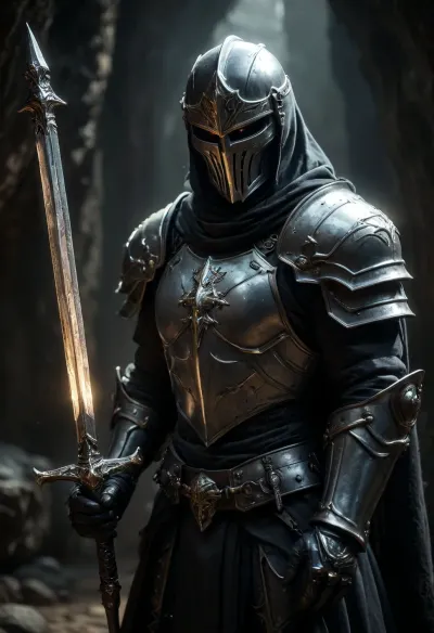 Uber realistic, 8k, ultra detailed, masterpiece, mature fantasy paladin warrior, (holy shining silver armor), holding polearm in right hand, underground cave, (full_helmet:1.3), closed_helmet, visor, (face covered:1.5), night, realistic detailed eyes, realistic detailed armor, realistic detailed body, realistic detailed skin, hkstyle, detailxl, <lora:add-detail-xl:1.5>, <lora:style_lora_realis:1>, <lora:dark:.8>, <lora:hkstyleV5:1>