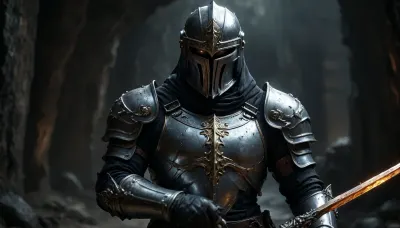 Uber realistic, 8k, ultra detailed, masterpiece, mature fantasy paladin warrior, (holy shining silver armor), holding polearm in right hand, underground cave, (full_helmet:1.3), closed_helmet, visor, (face covered:1.5), night, realistic detailed eyes, realistic detailed armor, realistic detailed body, realistic detailed skin, hkstyle, detailxl, <lora:add-detail-xl:1.5>, <lora:style_lora_realis:1>, <lora:dark:.8>, <lora:hkstyleV5:1>