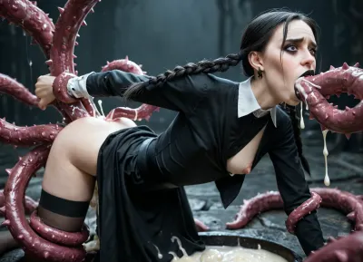 ((young adult girl 18 year old, Wednesday Addams, fucked in ass side front view in cum lair)), ((flat chest)), bent over roughly by force, giant tentacles, legs pulled by multiple beast clawed spiked barbed giant tentacles, raped by large barbed spiked clawed tentacle monsters, black long platted pigtails hair, black lipstick, ((extremely skinny)), long black dress with high white collor black stockings and garterbelt, one breast falling out, ((a gigantic clawed spiked barbed tentacle monster is aggressively fucking her from behind and holding her with spiked clawed barbed tentacles in a cum pit lair)), (triple penetration), ((detail tentacle fucking her mouth)), tongue out, ((extremely intensely bored facial expression)), ((anxious)), side view, wet, eyeliner, emo, makeup, goth