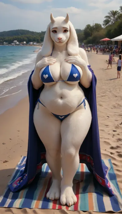 masterpiece, best quality, high resolution, hires, score_9, score_8_up, score_7_up, score_6_up, (((Toriel from Undertale:1))), (((anthro, furry, white fur, body fur, white skin, furry hands))), (((1girl))), (((milf))), tall anthropomorphic goat-woman, long floppy ears, small curved horns, soft smiling face, ((red cheeks:1.1)), (((hearts flying around woman's head:1.5))), gentle red eyes, (((wearing only an very tight bikini))), motherly and shy expression, (((massive milky soft breasts:1.2))), (((saggy boobs:1.3))), (((wide curvy hips:1.2))), soft full figure, (((thick thighs:1.2))), hourglass shape, matronly and nurturing body, long gentle arms, standing pose, warm and inviting aura, warm colors, fantasy style, full body, high detail, cel-shaded, soft lighting, game character design, anime-inspired proportions, smooth clean linework, detailed fur, fursuit, (((front view))), ((public sand beach on background)), (((clubfoot:1.2))), (((lovely looks straight at the viewer))), (((holds breasts with hands))), (((one boobie falls out of the bikini:1.5))), (((bloated belly))), (((wet bikini:1.5))), ((((((wet body:1.5)))))), (cellulite:1.2), (((beach towel:1.5))), (((woman is sprawled on a beach towel))), <lora:FursuitXL:1.3>, <lora:SDXLHighDetail_v6-000005:1.5>