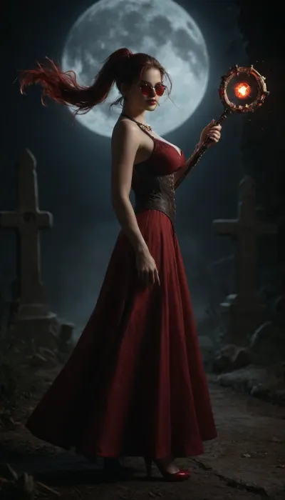 A happy busty Irish druid at night in a cemetery on Halloween in ornate steampunk apparel, (long straight red hair ponytail), large bronze hoop earrings, red heels, red lips, red sunglasses, red long dress blowing in the wind, pale skin. full body view, (she is holding a staff with an intricate red glowing gem emitting magic energy), smiling, side view, looking at viewer, <lora:750873_training_data:2>, <lora:dark:.1>