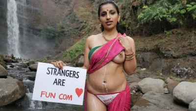 hyper realistic beautiful Sexy Indian 40yr old, perfect Eyes perfect Face.horny expression. Standing near a waterfall. she is wearing A Sari maang and bindi, bangles . she has underwear in her hand which is filled with cum. holding a sign that says the word, "Strangers are fun", <lora:BetterTextRedmond:.8>
