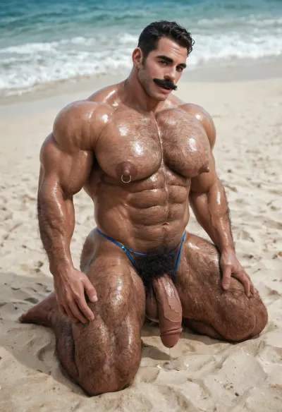 Masterpiece, beefy muscle bald male, thick moustache, sideburns, massive muscles, hyper breasts, hyper boobs, (big boobs:1.5), big pecs, big hyper nipples, massive ass, (hyper bulky:1), 1.3, excessive hairy daddy body, (hairy body:1.5), tanned skin, mouth agape, tongue out, fat flaccid in raimbow thong, oiled skin, kneeling on beach, pre cum down cock, grabbing his pecs, pinching his pecs, gay hot, teasing man, solo man