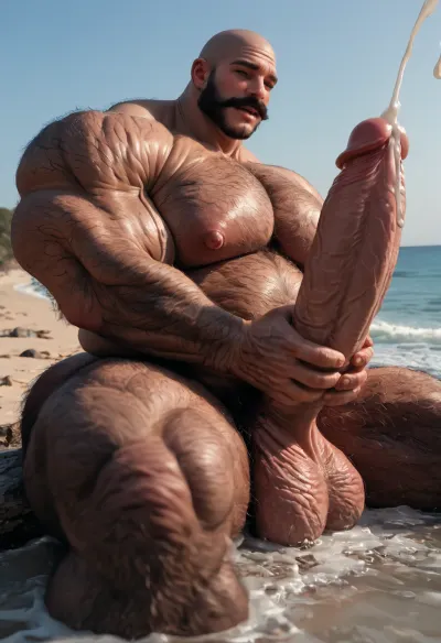 Masterpiece, beefy muscle bald male, thick moustache, sideburns, massive muscles, hyper breasts, hyper boobs, (big pecs:1.4), big pecs, big hyper nipples, massive ass, (hyper bulky:1), 1.3, excessive hairy daddy body, (hairy body:1.7), huge fat cock, (huge cock:1.4), tanned skin, oiled skin, sitting spred legs on rock on beach, jerking off, gay hot, teasing man, solo man, masturbation cock, orgasm, (orgasm face:1.7), load cum, splashing cum, <lora:678016_training_data:1.2>