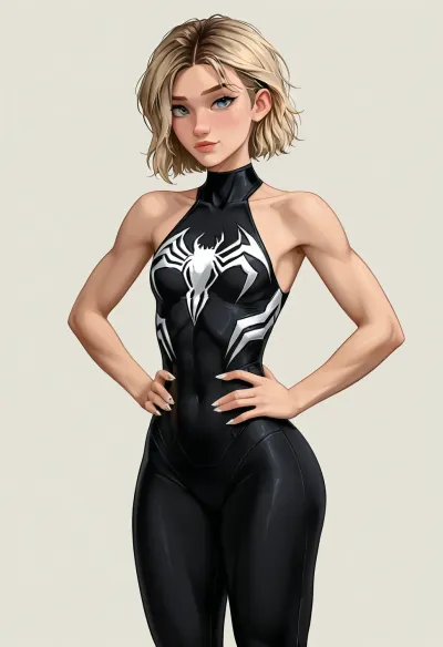 White background, (Gwen Stacy from Spiderman across the spiderverse), hands on waist, standing, wearing a tight costume of venom, bare shoulders, big ass, skinny fitness body, strong legs, big thighs, small round breasts, samdoesart, <lora:samdoesart_style_xl_v1:.5>
