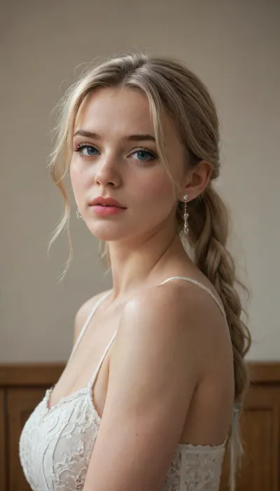 beautiful blonde 18 years old with ponytails woman, lewddungeon, background walls, <lora:tiedbreastsblue_XL_reg0_:.5>