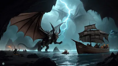 Steampunk illustration, bird's-eye view of a grand battle between Kuo-toa and a dracolich, (((skeleton dragon))), dracolich is standing in the water of the lake. Number of lightning bolts exit from dracolich mouth. Whole scene is inside a huge dark cave, on the lake shore of Sloobludop village, (((Sloobludop stretched along the shore of the Darklake))), in an immense underground cavern dimly lit by phosphorescent fungus, corals, and bioluminescent fish glands. The village boundaries is surrounded on the north and south by high net fences of woven netting. village is constructed with the kuo-toa three-dimensional aquatic sense of geometry in mind, so it appeared like an underwater structure, The roof of the cavern is dark gray, with clouds of smoke from the dracolich below, illuminated by the bright, cold light electric lightening of the dracolich., (((In the far, god Orcus is looking at the battle scene laughing out loud:1.5))), (((A raw canoe is fleeing in the far with 6 persons on bord:1.2))), The atmosphere is intense, dramatic, epic. The style is detailed realism, steampunk, in the spirit of classic Forgotten Realms fantasy illustrations. The depth of field is high, and the focus is on the Kuotoas and dracolich. The color palette is dark tones with bright flashes of fire and a glint of metal. The composition is dynamic and diagonal.

POV from the village will kuo-toa fighting the dracolich