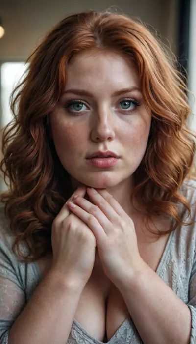 h41ry beautiful redhead obese girl, <lora:smoking_v2:1>, close-up only bust, shy, long curly red hair, very heavy makeup, very huge breast, freckles, NEGATIVE_HANDS