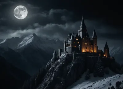mountains, fantasy, gothic vampires castle, winter, moon light, storm, outdoors, photography