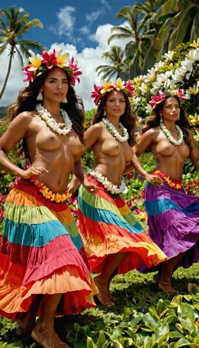 masterpiece, high resolution, ultra detailed, 8k, Three Hawaiian girls dancing the hula, wearing long skirts made of brightly colored fabric, topless, with long flower necklaces, their hair adorned with large magnolia flowers, against a backdrop of flowering plants, lots of flowers of different colors, super detailed photorealistic image, full body view, 8K quality
