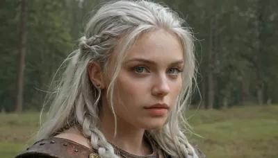 Masterpiece, realistic photography, ultra-realistic, detailed body, detailed face, realistic body, realistic face, angelic face, viking warrior, viking woman hairstyle, 30 years old, viking braid, silver hair, serious look, peaceful face, woman, viking, viking outfit, realistic outfit, war painting, close-up face, cinematic blur, background blur, large format