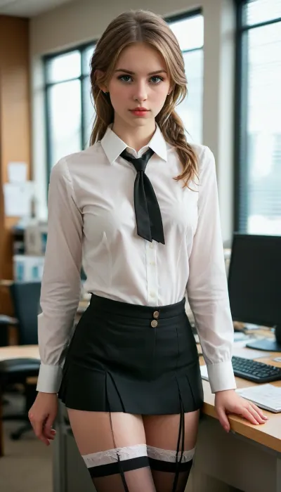 full portrait, ((18 years old)), (skinny:1.3), (light brown hair:1.3), fair skin, office, (clear focus:1.1), insanely detailed, high quality, (office black skirt:1.2), (white office shirt:1.3), (stockings:1.3), (black skirt:1.3), (white button-down shirt:1.3), necklace around the neck, ((hoop earrings)), 1young adult young adult young adult young adult girl, tied_shirt, shirt, tied, with, a, noose, wearing, chichibukuro, large, breasts, big, boobs, huge, tits, <lora:bombshell_v2:.1>, <lora:MJ52:.8>
