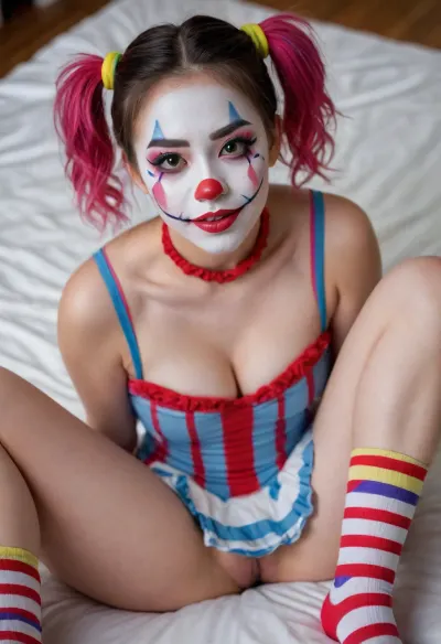 young beautiful Asian girl 18 years old clown girl with big breasts, wearing a pulled-up dress without any underwear, laying on her back with spread legs, no panties, long striped socks, clown makeup, skinny, white face paint, detailed vagina, looking at the viewer, back long high multi-colored ponytails, excited, aroused, tack sharp, 4k, dslr