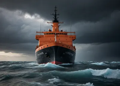 fantasy, icebreaker ship to Antarctica, storm sea, outdoors, photography