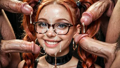young Girl, nerdy, pigtails, glasses, dicks in large hoop earrings, redhead, gangbang, latex, many cum in face and hair, piercing, choker, smile