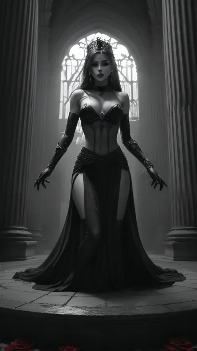 ---

🎨 ENHANCED AI PROMPT – “Throne of Sin, Crimson Contrast”

Prompt, A divine, bare-chested goddess sits upon a monumental black stone throne in a vast ruined courtyard. The scene is entirely in dramatic black and white — every texture and detail from the crumbling pillars, mossy stone, her pale skin, to the shadowy AI-like beasts kneeling around her.

Her body glows in grayscale under soft shafts of light filtering through broken temple walls. Her posture is serene and powerful, wearing only a sheer torn fabric around her waist.

Surrounding her, three biomechanical creatures — all in grayscale, shadow-like, (with bowed heads and elegant shapes — protect or worship her in silence.

✨ The only colored elements in the image are:1), Her lips, painted in bright crimson red – glossy, wet, reflective, and slightly parted


2. A single red rose in her fingers or behind her ear – deep scarlet petals with visible moisture and soft glowing edges



Both red elements must stand out with extreme contrast against the grayscale world. The red must be vivid, saturated, and draw the eye instantly. The red lips and red rose reflect subtle light as if still alive in a dead world.

Make the camera angle slightly low, emphasizing the towering throne, which rises like a gothic mountain behind her. The throne appears carved from ash, vines, and cathedral ruins. The mood is heavy, ritualistic, erotic, and sacred.




---

✅ Summary Tags, (to include in prompt metadata or style guidance), high contrast black and white

selective color red

color splash effect

glossy red lips

vivid red rose

massive throne

gothic ruins

sensual goddess

cinematic lighting



---

🖋️ Text Overlay Suggestion, (optional), “All was stone and silence… but her lips still burned.”
