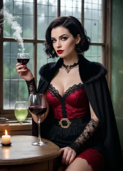A stunningly beautiful modern model with bright green eyes, short black hair, pale alabaster skin, red lipstick, a scarlet top with black lace and a black pencil skirt and a gold belt a black coat with black feathers and sparkling purple lining and red and black high heels, and dainty hands with French nails holds up a wine glass of green bubbling potion high up to a window with bars and with parted lips uses her magic to summon wind and lighting to energize it. The wind blows her cape. In her dark secret stone alchemy lab with cobwebs. Realistic style High quality