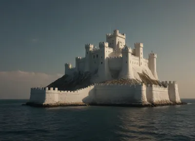 fantasy, A Wasterland white fort on the sea, ((sun day)), boat, outdoors, photography