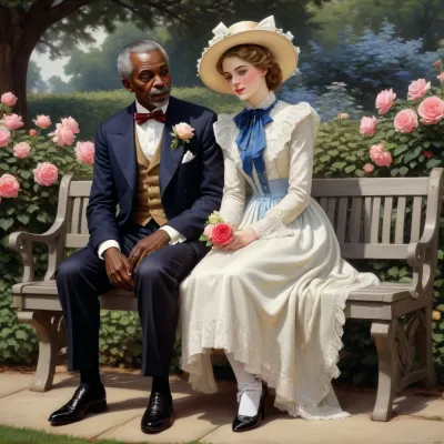masterpiece, best quality, 1 white noble girl, 1 The black servant, (an very poorly dressed old black man with), A girl sits on a bench and Lustfully looks at a poor old black servant- gardener in a park watering roses, J.C., Leyendecker, Style, page, short, whdbd, A lustful look, blue, dress, jewelry, necklace, bonnet, long, sleeves, bow, lace, trim, frills, pantyhose, country estate, well-kept park, beautiful flower beds, <lora:J.C. Leyendecker Style:.4>, <lora:whdbd XL:.8>