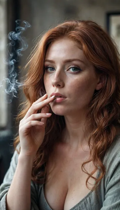 obese redhead smoking girl, <lora:smoking_v2:2>, long curly red hair, very huge breast, freckles, NEGATIVE_HANDS