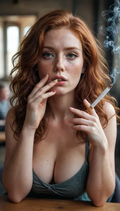 obese redhead smoking girl, <lora:smoking_v2:2>, long curly red hair, very huge breast, freckles, NEGATIVE_HANDS
