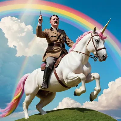 super homogay adolf hitler riding a flying unicorn which itself is pooping a rainbow on a sunny day
