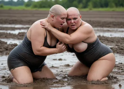 two chubby bald-headed lesbians wrestling in the mud