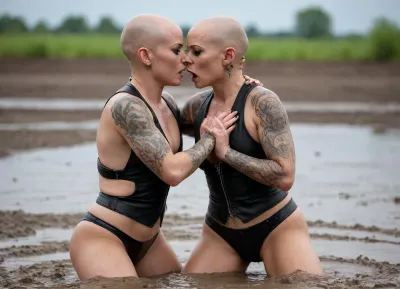 two bald-headed tattooed naked lesbians wrestling in the mud, full frontal nude, leather vest
