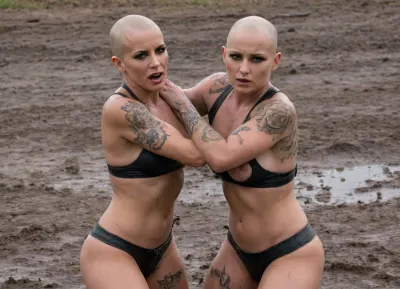 two bald-headed tattooed naked lesbians wrestling in the mud, full frontal nude, leather vest, wasteland, <lora:Wasteland2-000015:.8>