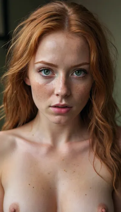 woman, female, 25 years old, long ginger hair, messy hairstyle, green eyes, freckles, extrem deep cleavage, eye contact, high detailed, portrait, nude small breasts, shaved pussy