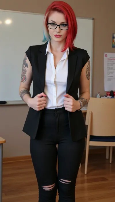 (4K UHD ultra-detailed RAW photo), high detailed, 8k, (photorealistic:1.7), angry busty teacher 18yo girl, standing in the classroom, ((completely clothing)), (((wearing in formal office outfit))), ((glasses)), boots, ((tattoo)), ((Lots of jewelry)), (bright makeup:1.5), (((3/4 body view))), (red HAIR, UNDERCUT SHORT HAIR WITH red ROOTS, BUTCH CUT HAIR, SLICKED BACK HAIR FULL OF GEL:1.5), ((looking on viewer)), perfect round ass, Photography, stvmccrr, style, hair, dip, dyed, black, to, red, white, blue, blonde, <lora:1048636_training_data:.8>