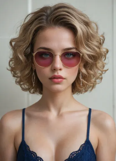 This captivating image embodies a vibrant Midjourney style, featuring a glamorous woman exuding confidence. The bold colors—bright pinks and greens—complement her stylish sunglasses and luscious blonde curls, creating an atmosphere of playful chic. The background contrasts beautifully with her outfit, enhancing the overall mood of fun and vibrancy. Each detail in this artwork, from the expressive lips to the intricate patterns, invites viewers into a world of fashion and self-expression, leaving them inspired and uplifted.