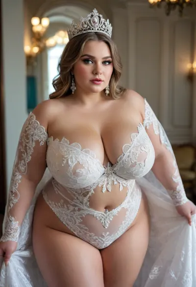 Full body portrait of a Russian beauty oversized bbw milf with oversized thick thighs and large floppy breast, wearing national white costume. Diamond tiara. lace filigree of bright, rich color. Super clear, high quality, 8k photo. rich on details