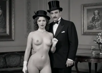 A vintage black and white portrait featuring, (a man in a formal suit and top hat:1.5), (standing with a cane:1.3), . A beautiful curvy woman is sitting on a chair next to him, (a woman full nude:1.5), shaved pussy, plump slightly saggy breasts, adorned with floral accessories in her hair, leans against the table. The table holds a few flowers, and the overall atmosphere is one of elegance and nostalgia, resembling a scene from the early 20th century. The background is softly blurred, enhancing the focus on the couple's poses and attire.
