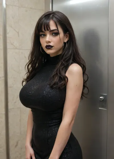 a head to toe full body image of a blossoming and classy young woman wearing a long black sequin turtleneck dress, and standing in front of a luxurious elevator. She is highly feminine and classy. She is wearing a silk vest. Her head is tilted on the side. she has a cativating look. She has dense and very very long wavy hair blowing in intense wind. She is wearing red lipstick, mascara, eye liner. She looks very powerful, highly confident, highly charismatic, confident, highly mysterious, soft and dark. Overcast, Digital art. Highly modern, digital illustration, complex details. Bright. The background colors are in red, black and and bright yellow shades., (((Black long hair, bangs))), (((massive round breast:1.2))), (((black lipstick, black eyeshadow, black eyeliner))), fashion