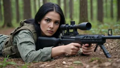 Sniper girl, 25 years old, long black hair, dressed in camouflage military uniform, bulletproof vest and trousers, aims with concentration from a rifle. summer, forest, girl lying on the ground, back, ass, face. girl wounded or dead