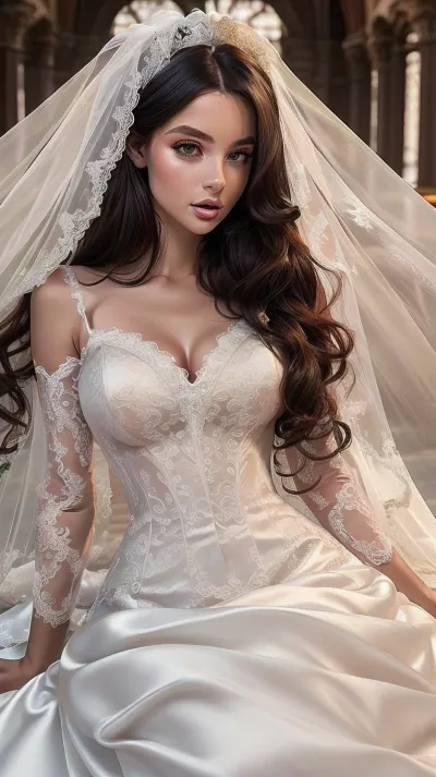 masterpiece, ultra realistic 32k, HQ, perfect light, perfect vibrant eyes, 25 year old bride, instagram model, (((very slim petite woman))), sensual, erotic, laying on the alter in a church, (dark hair, very long wavy tousled hairstyle), looking into the camera, ((((elegant white satin and lace bridal dress)))), ((deep neckline)), <lora:weight_slider-LECO-v1:.1>