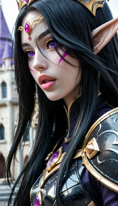 (1 extremely beautiful elf woman queen:1.2), (golden elven crown:1.2), (close angle), side view, (large full beautiful lips:1.2), (extremely small beautiful face:1.2), (hair over one eye), black hair, (perfect long flat hair:1.2), (extremely straight hair), (gold trimmed elegant black armor with purple accents), (fully clothed:1.2), very long thick eyelashes, (light purple eyes), (extremely beautiful petite body), (nose piercing), ear piercing, (nose chain), (cute small breasts), small waist, (cute bubble butt), (extremely thin muscular thighs), (extremely perfect big eyes:1.5), (perfect face:1.3), (8k), (elegant elven castle at night), elven, architecture, bailing-traditional, opera, facepaint, chinese, clothes, Radiant, Darkness, R3g4l, 3lv3n, woman, courtyard, armor, cloak, sword, castle, <lora:EnvyElvishArchitectureXL01:.9>, <lora:xl-shanbailing-1029chinese technology-000003:1.2>, <lora:233007_training_data:1.1>, <lora:Regal_Elven:.8>