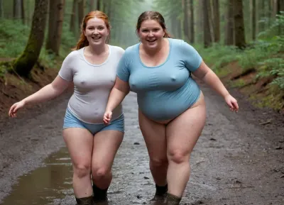 (2young fat young bbw young thick women), 18 years old, ginger, freckles, jump, jump with legs collected, smile, happy, sexy, best quality, photorealism, ice blue eyes, braid over shoulder, wet white t-shirt, wet white shirt, (covered with mud), dirty, Mountain shoes, forest, raining, (thick fog), fog, low light, fog day, (fog), (wet:1.4), (dusk), no, bra, shot from above, braless, chubby Wearing, clothes, that, make, sense, with, Braless>, plump, skindentation, chubby, bbw, venus, body, big, breasts, ass, mud, looks, like, 【your, description】, <lora:bralessSDXL_v1_00022:.5>, <lora:Chubby BBW - XL:1>, <lora:MudLooksLike-SDXL-PAseer:1.4>