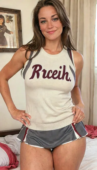 A beautiful MILF demonstrates how well her high school cheerleader uniform still fits her, candid photo of 45-year-old mother in the bedroom, wearing a high school cheerleader outfit consisting of a very tight sleeveless sweater and a miniskirt, breasts are snugly covered by sweater, overflowing breasts, intimate pose, slender, large natural sagging breasts, pokies, brown hair with dark gray highlights, natural skin with blemishes and wrinkles, freckles, tan lines, shy smile, makeup, liminal flirtation, beautiful, full body shot, show head to thighs, braless, Wearing, clothes, that, make, sense, with, Braless>, <lora:MJ52:1>, <lora:bralessSDXL_v1_00022:.3>