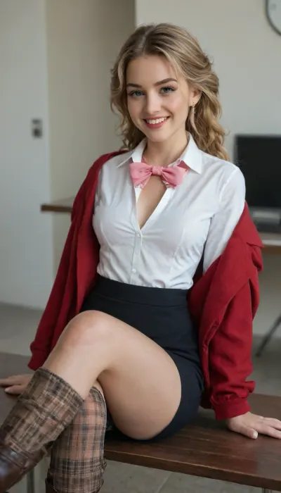 27 years old, caucasian models, pink bow on head, school uniform, Lush curly hair with braids on both sides, ginger braided hair, highly detailed face, beautiful face, dark eyeliner, very dark eye shadow, perfect smile, (best shadows), (best illumination), upskirt photo, office clothes, office attire, pencil skirt, white blouse, red suit jacket, Masterpiece Edited by Redknightbooks, masterpiece, highest quality, RAW image of a cute slim blonde teacher, analog style, professional DSLR photograph, thick figure, messy blonde ponytail hair, (tight blouse:1.2), DisneyAlice, Beldel, brown, blonde, smiling, soft, makeup, (plaid stockings), (lace-up ankle boots)