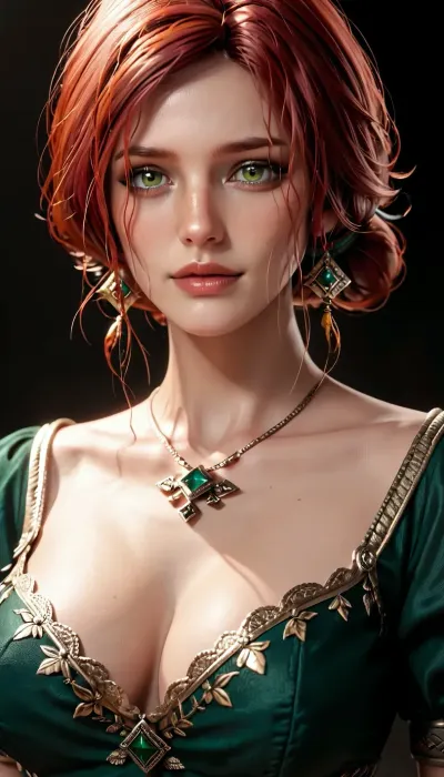 (Darkest dungeon style), Triss Merigold from tge witcher, mature female, perfect mature face, perfect green eyes, detailed, best quality