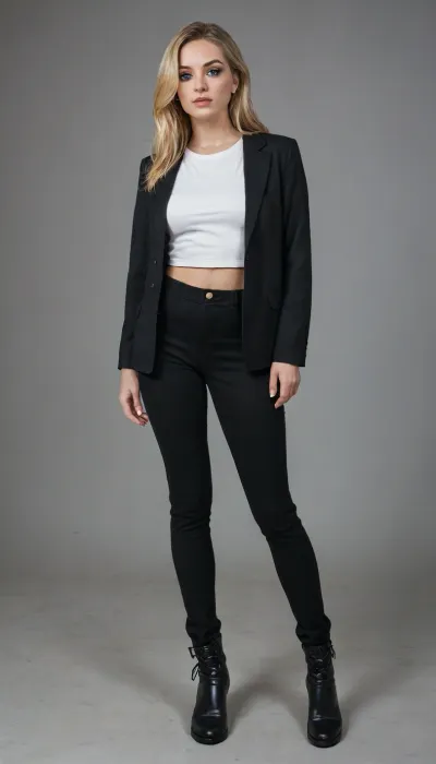 cute beautiful athletic girl, with long hair, blonde, bright makeup, dressed in a dark jacket, white shirt, dark trousers, ankle boots, stands in a defiant pose, realistic, long athletic legs, narrow hips, bright sunny day, aesthetically pleasing, professional photo