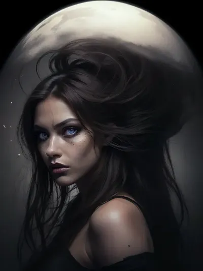 a coquettish woman with a very long hair, chaotic darkness, scribbled lines, surrender, polychromatic, humanoid, anthropomorphic, diffuse subsurface scattering, elaborate hairstyle, small breasts, beautiful crystal eyes, glowing {brown, blue, green} iris, heartshaped lips, freckles, lip gloss, aroused skin, olive skin, dramatic sunrise, ground-fog, fog, (blackened darkness mood), worm´s-eye view, night vision, parallax, double exposure, #©KITTYART